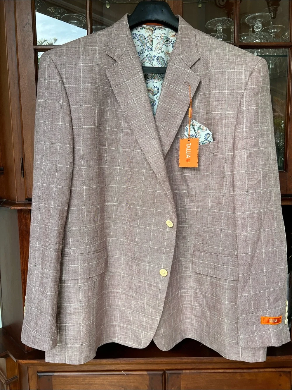 TALLIA Rosy Pink Plaid Sport Coat with light Cream Elbow Patches - Picture 12 of 13